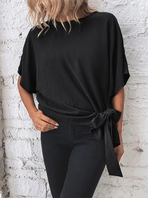 Solid color bat wing sleeve hem knotted loose top m301016