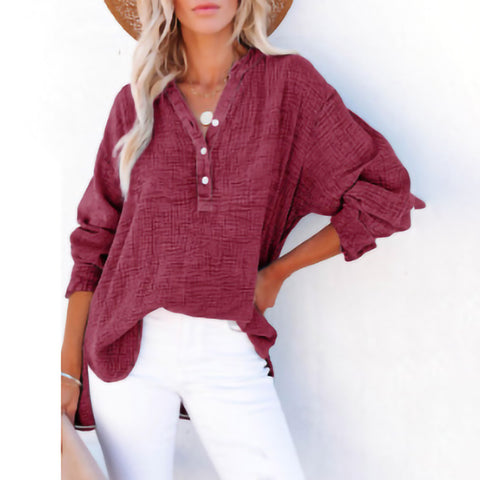 Pleated button long sleeve solid color top women's shirt loose cotton jumper m301576