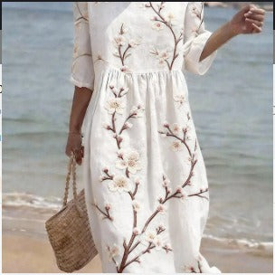 Women's medium and long sleeves side bag crew neck dress seaside vacation loose dress m302606