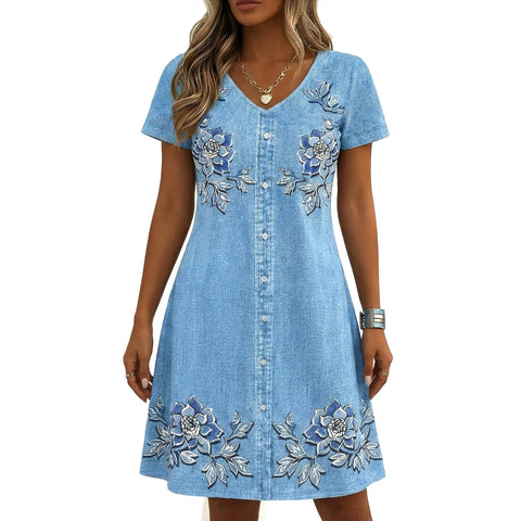 Women's floral long dress opaque imitation denim short-sleeved dress m302400