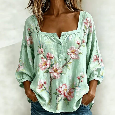 Women's square collar button-down shoulder seven-quarter sleeve medium sleeve T-shirt trend m302838
