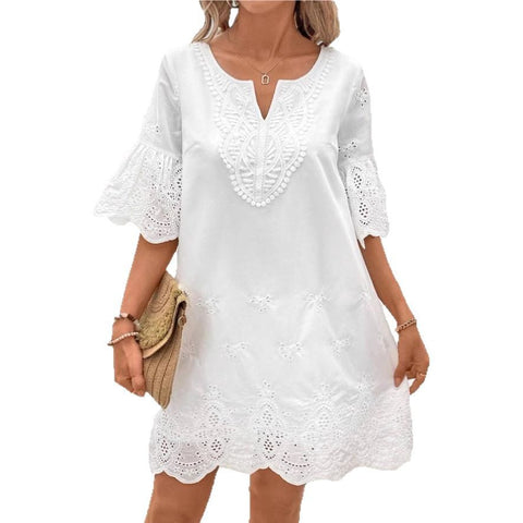 Hollow embroidery fashion casual lace v-neck five-quarter sleeve dress m301469