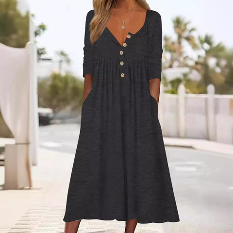 Casual button solid color simple long sleeve long dress m302272