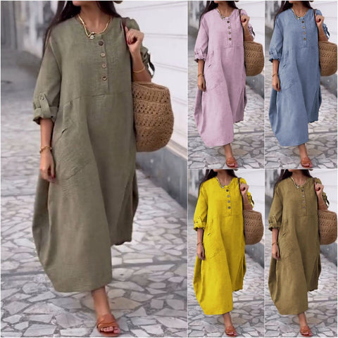 Women's Solid Color Crew Neck Cotton and Linen Long Sleeve Casual Double Pocket Button Long Dress m302717