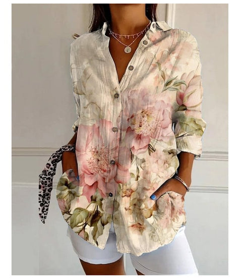 3D digital printing abstract pattern women's long-sleeved buckle linen shirt m302749-01