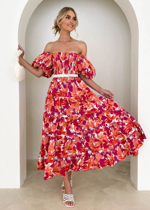 Puff Sleeve Holiday Slim Looking Long Dress off-Shoulder Printed Dress Female M300282