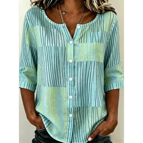 Cotton and linen shirt round neck seven-quarter sleeve single-breasted casual top m303032