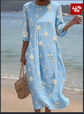 Women's medium and long sleeves side bag crew neck dress seaside vacation loose dress m302606