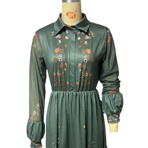 Long Sleeve Printed Long Dress Shirt Collar Dress Long Dress m301982