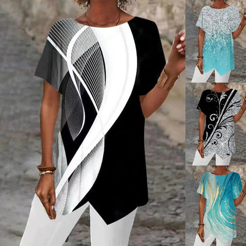 Geometric printing loose short-sleeved irregular hem T-shirt m302490