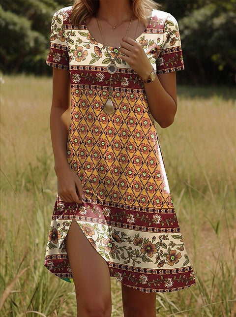 Versatile polka dot flower short-sleeved round neck medium and long skirt m302614