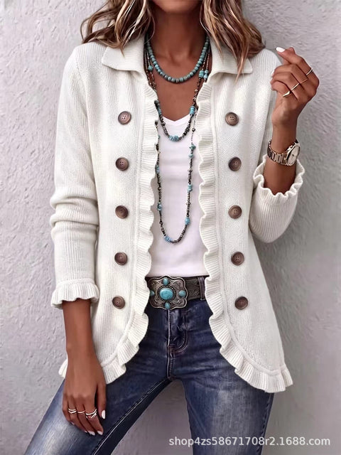 Women's fashion long-sleeved ruffle leaf open button cardigan FF303384 03