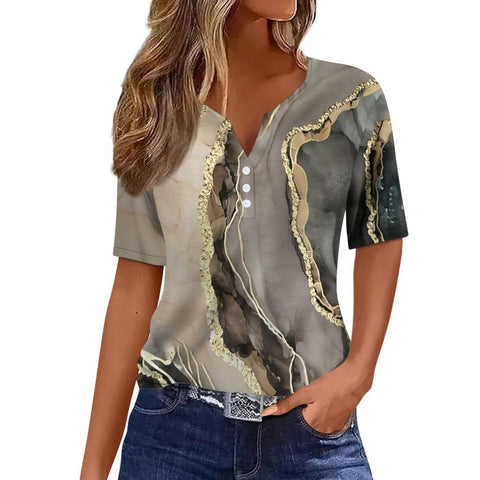 V-neck three-button 3D printed short-sleeved women's top m300617