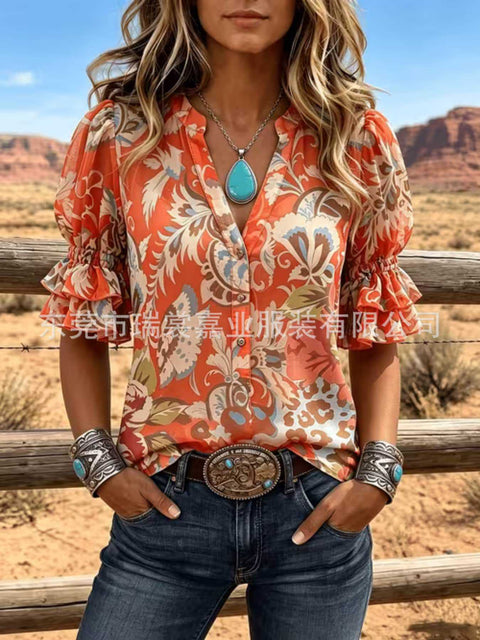 V-neck three-button top digital print horn-sleeved shirt FF303334