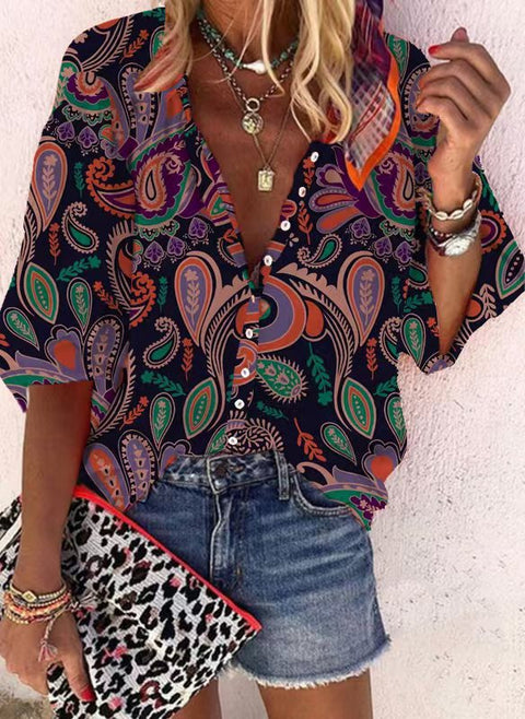 Fashion summer European and American women's clothing stand-up collar loose button retro printed casual shirt m301723