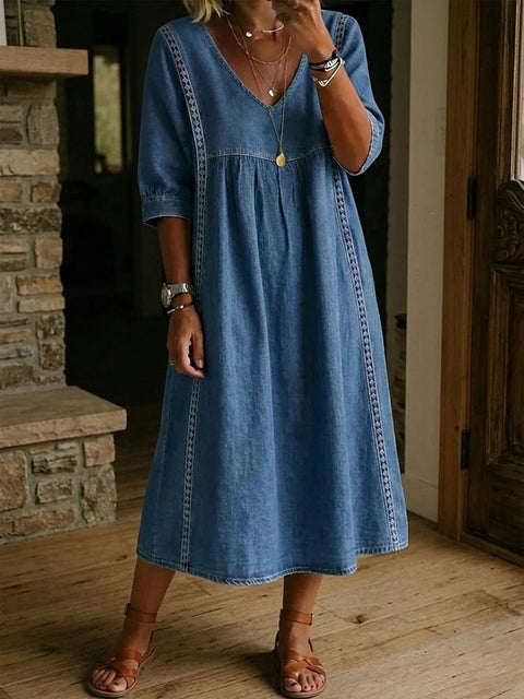 Loose v-neck splicing lace edge solid color medium sleeve dress m302991