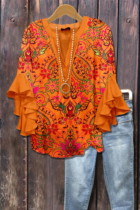 Digital printing casual trend V-neck lotus edge T-shirt women's m302725-2