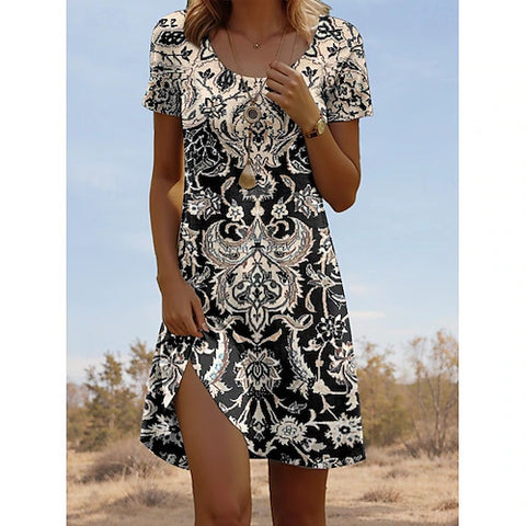 Versatile polka dot flower short-sleeved round neck medium and long skirt m302614