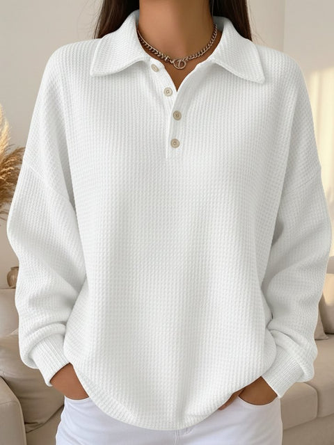 Loose solid color lapel versatile polo shirt waffle long sleeve women's top m302256