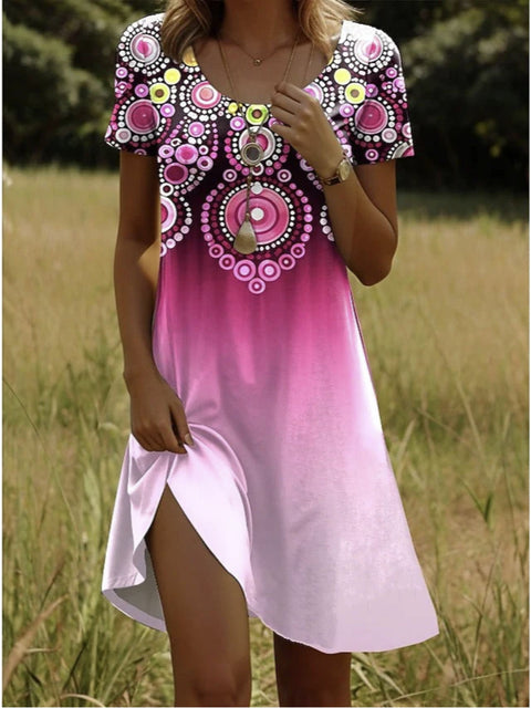 Versatile polka dot flower short-sleeved round neck medium and long skirt m302614