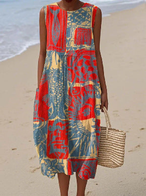 New sleeveless casual printing temperament long dress dress slim fit small fresh casual dress m301521