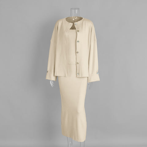 Knitted long-sleeved cardigan + suspender vest + skirt set women's autumn and winter sweater set m301780