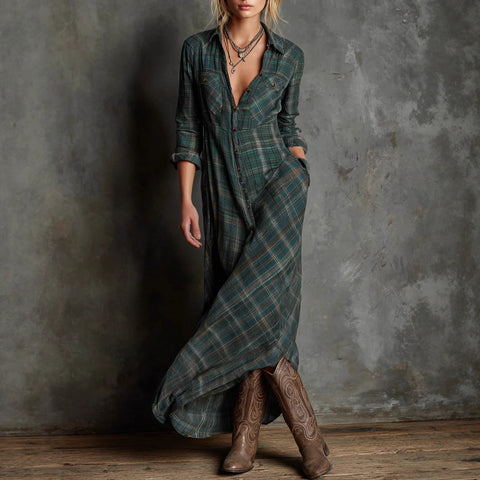Temperament elegant long-sleeved plaid shirt skirt fashion plaid shirt collar dress m302504