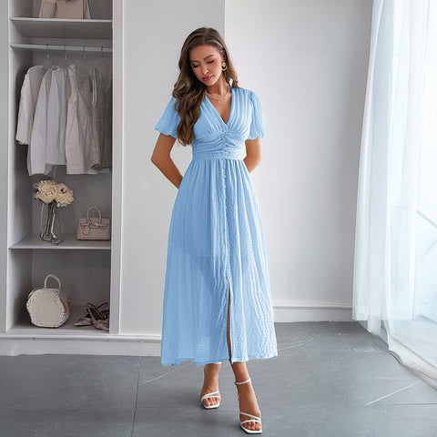 Holiday style deep V short sleeve long dress dress m301395