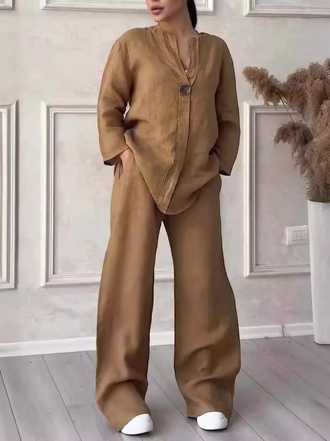 Women's comfortable loose top wide-leg pants casual cotton and linen suit m302154