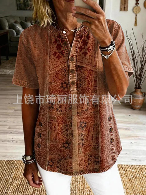 Women's Floral Print V-Neck Casual Women's Short Sleeve Top FF303332