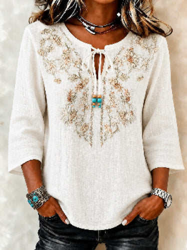 Crew neck long sleeve imitation hemp women's loose top m303045
