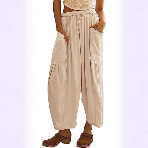 Elastic waist pleated middle waist straight pants loose casual cotton and linen nine-point pants m301883