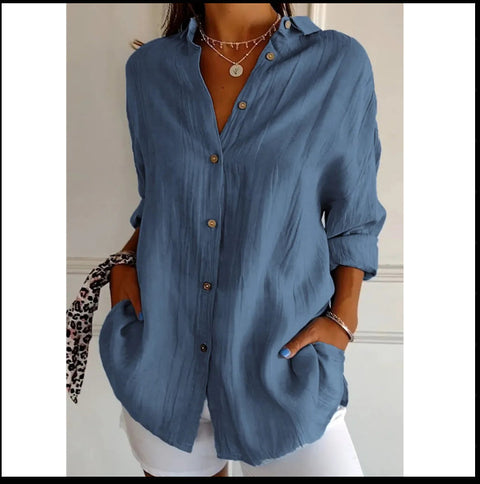 3D digital printing abstract pattern women's long-sleeved buckle linen shirt m302749-01