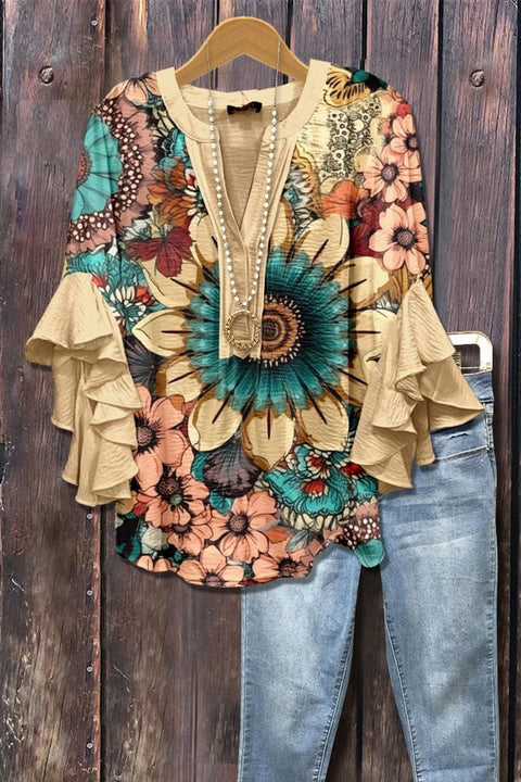 Creative floral element printing digital printing casual trend V-neck lotus edge T-shirt m301358