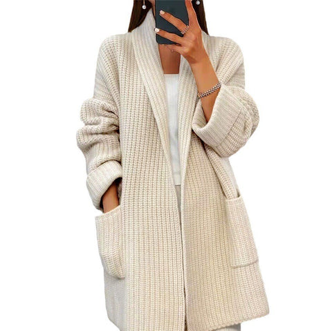 Autumn and winter new women's thickened solid color V-neck knitted cardigan loose pocket sweater jacket m300471