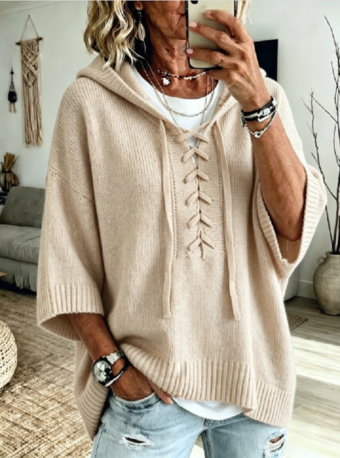 Strap-on hooded 7-point sleeve knitted sweater lazy loose pullover sweater m303004