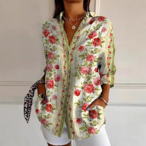 3D digital printing abstract pattern women's long-sleeved buckle linen shirt m302749-01