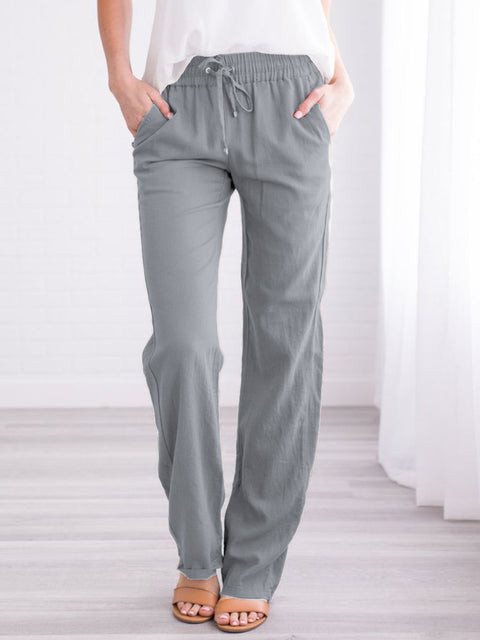 Solid color cotton and linen loose drawstring casual wide-leg trousers women's m301572