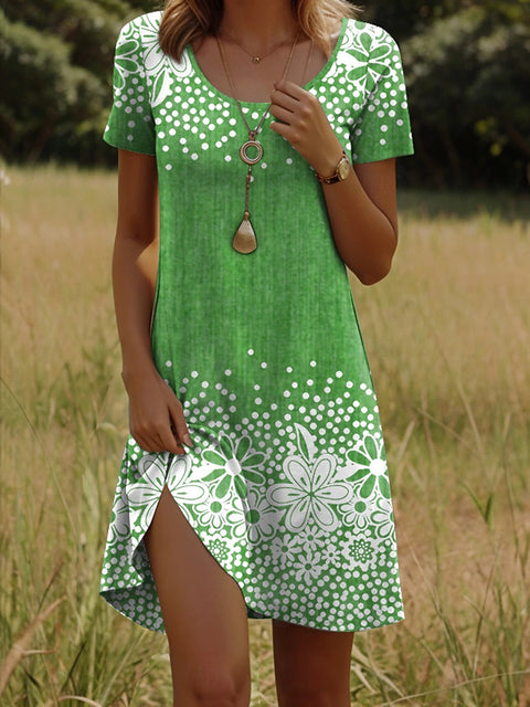 Versatile polka dot flower short-sleeved round neck medium and long skirt m302614