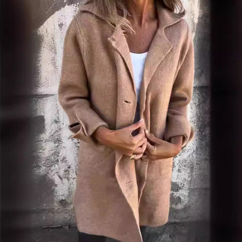 Women's solid color lapel with pocket cardigan single-breasted medium and long coat m300614