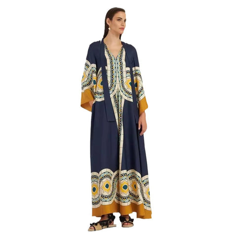 New summer print seven-quarter sleeve stand-up collar dress m301881