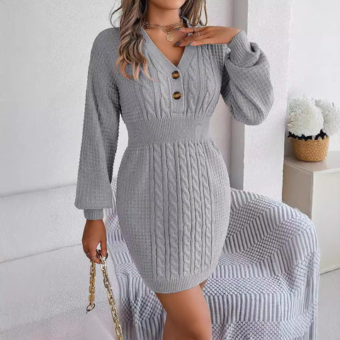 Button V-neck twist lantern sleeve hip sweater skirt m300577