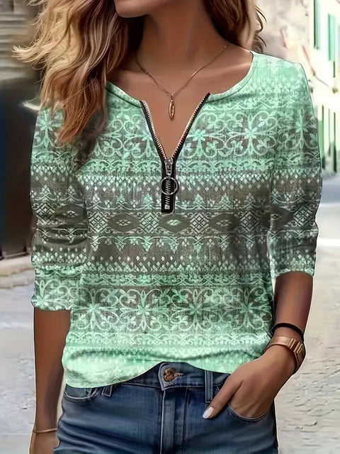 Women's Autumn Loose Design Ethnic Crew Neck Printed Zipper Long Sleeve POLO Shirt m301774