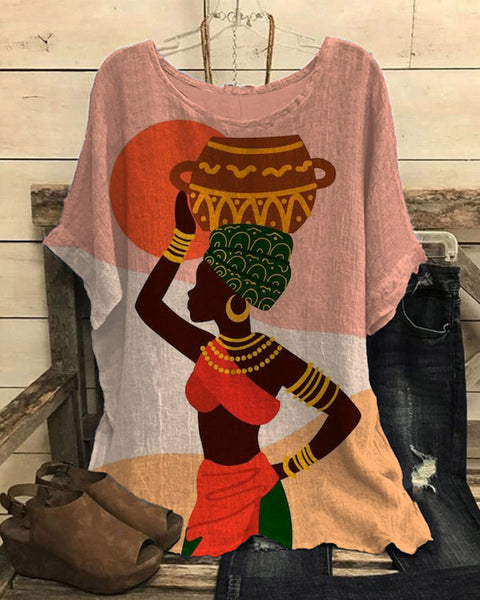 Loose round neck short-sleeved cotton and linen top women's m301281