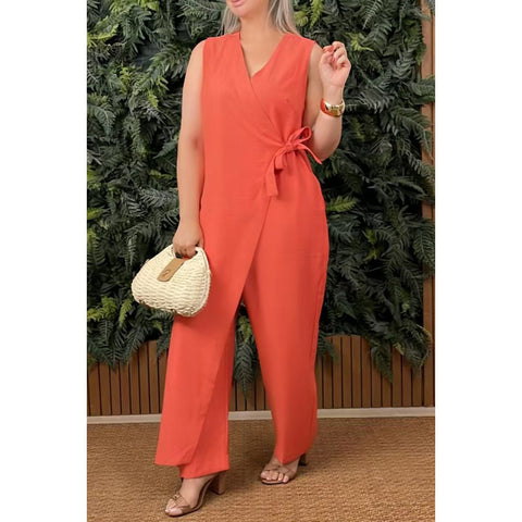 Solid color casual V-neck strap jumpsuit m303023