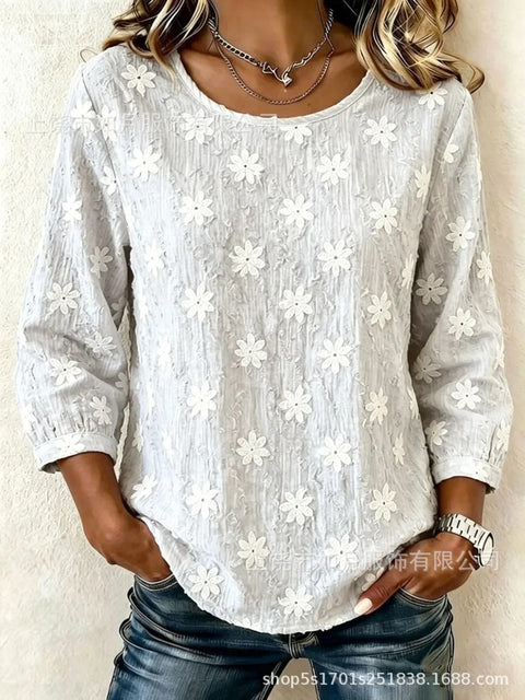 Bamboo hemp 3D printing round neck breathable seven-quarter sleeve flower top m303020