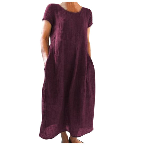 Solid color retro loose cotton and linen dress m301060