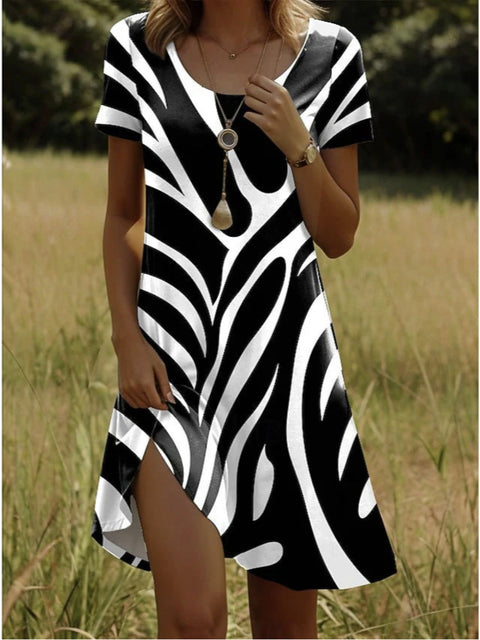 Versatile polka dot flower short-sleeved round neck medium and long skirt m302614