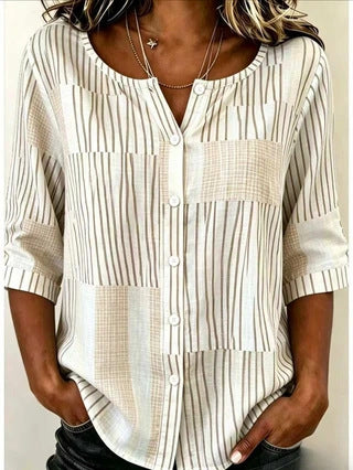 Cotton and linen shirt round neck seven-quarter sleeve single-breasted casual top m303032