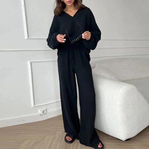 Elegant women's casual loose suit women's long-sleeved top + drawstring trousers suit autumn lapel two-piece set m301184